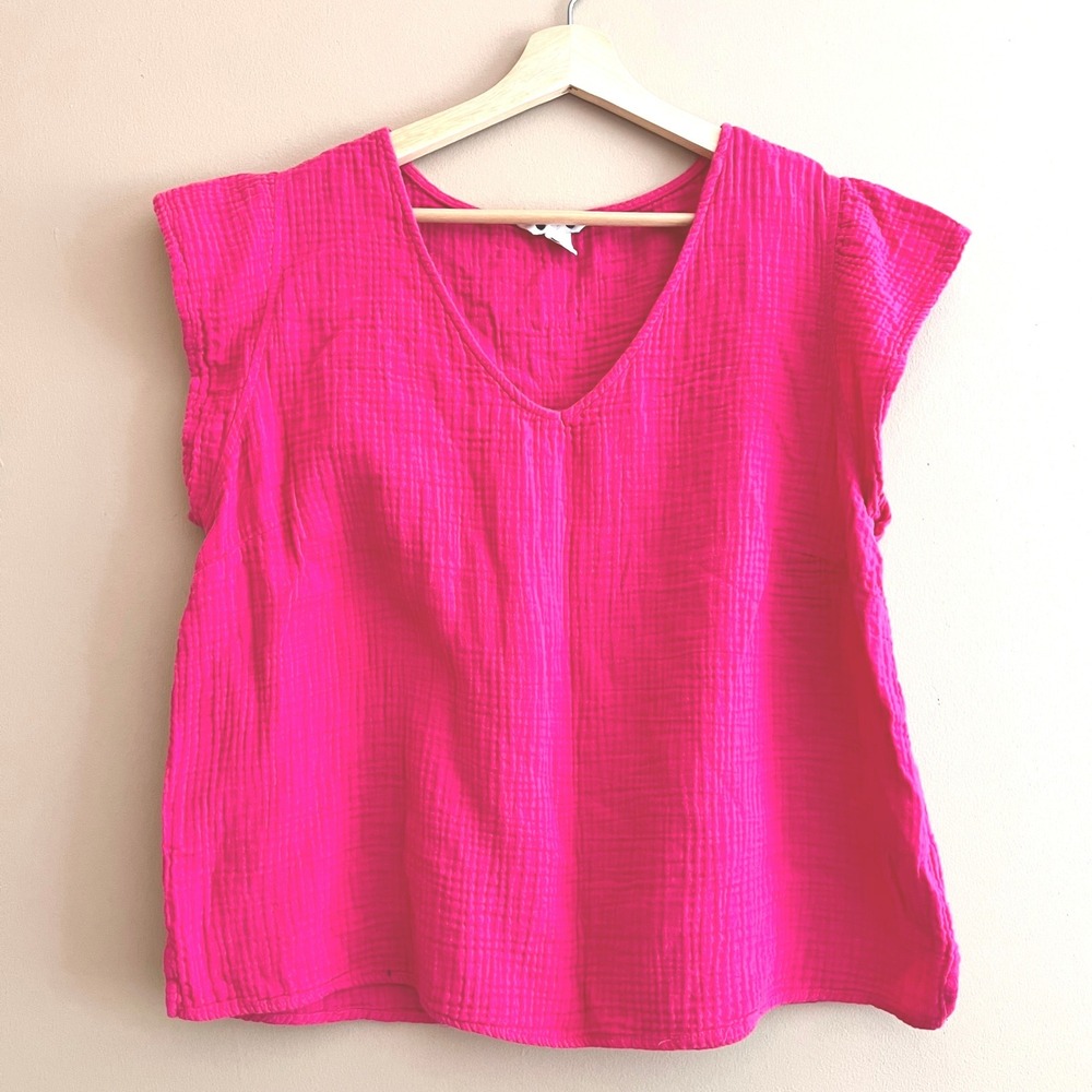Three Dots Hot Pink Gauze‎ V-Neck Flutter Sleeve Top XL Boxy Textured Blouse